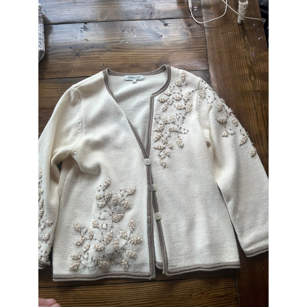 Coldwater Creek Cream Floral Embroidered Beaded Cardigan Sweater Tan Trim‎ Large
